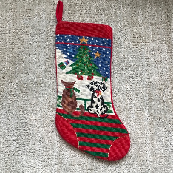 Vintage Needlepoint Christmas Stocking-Dog &Cat - Picture 1 of 6